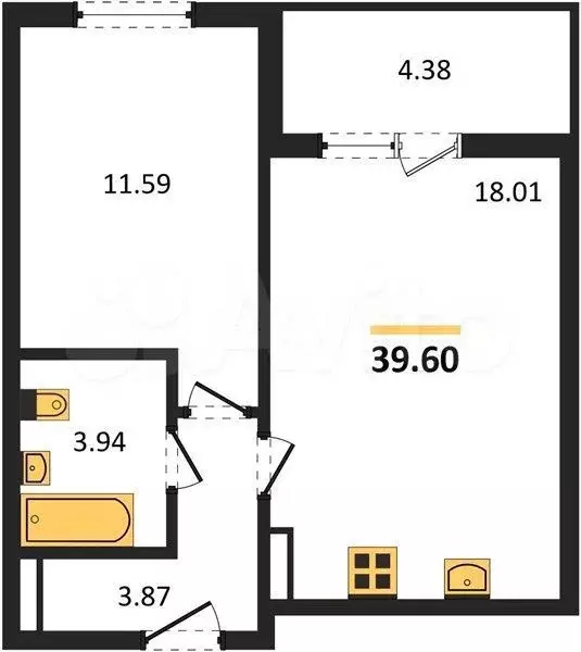 1-к. квартира, 39,6 м, 3/10 эт. - Фото 0