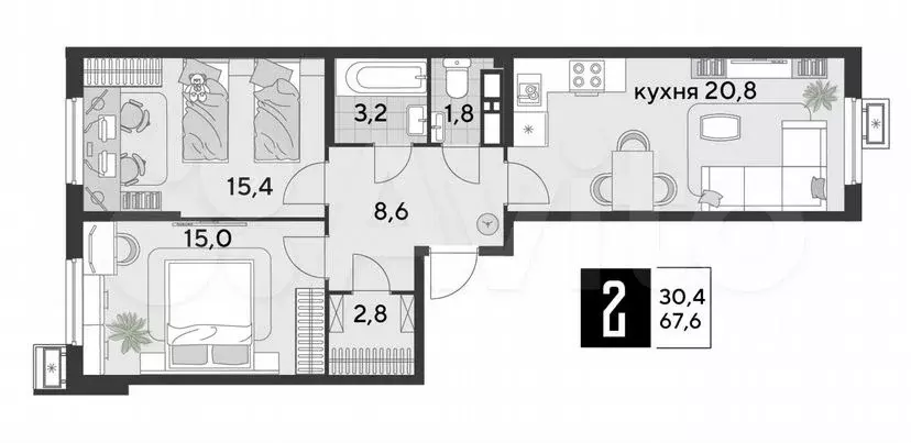 2-к. квартира, 67,6 м, 11/18 эт. - Фото 1