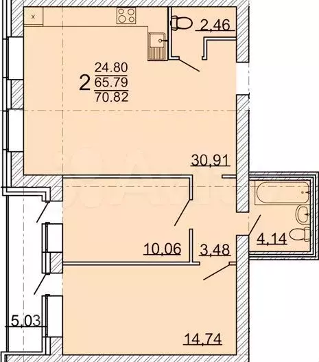 2-к. квартира, 70,5 м, 3/3 эт. - Фото 0