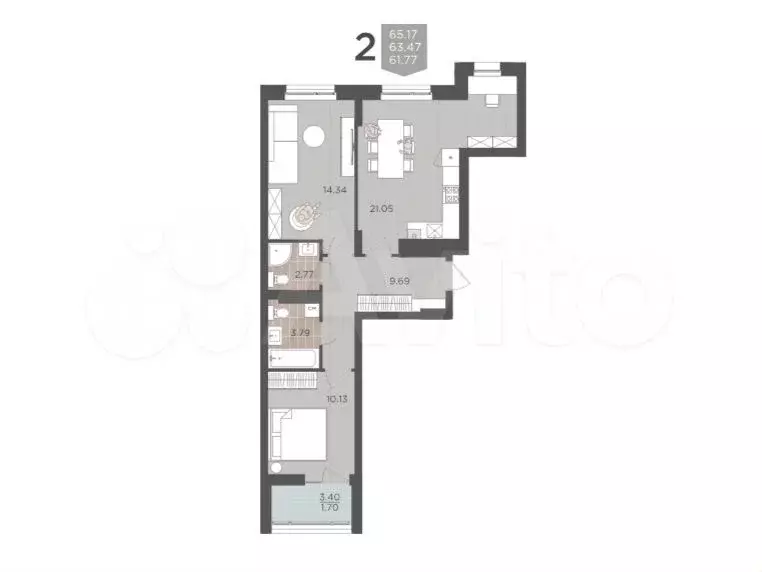 2-к. квартира, 63,5 м, 7/9 эт. - Фото 1
