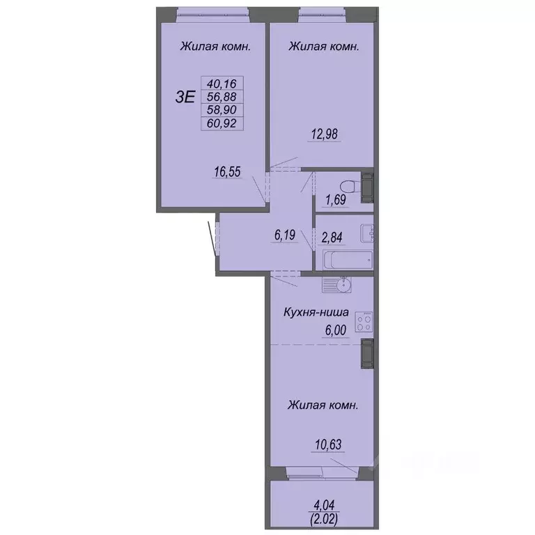3-к кв. Хабаровский край, Хабаровск Южный мкр, ул. Рокоссовского (58.9 ... - Фото 1