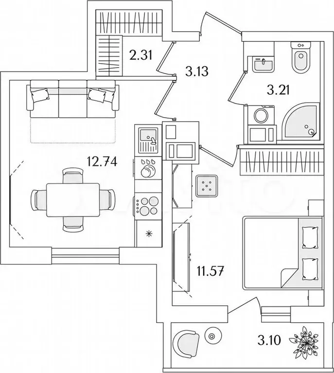 1-к. квартира, 34,5м, 9/9эт. - Фото 1