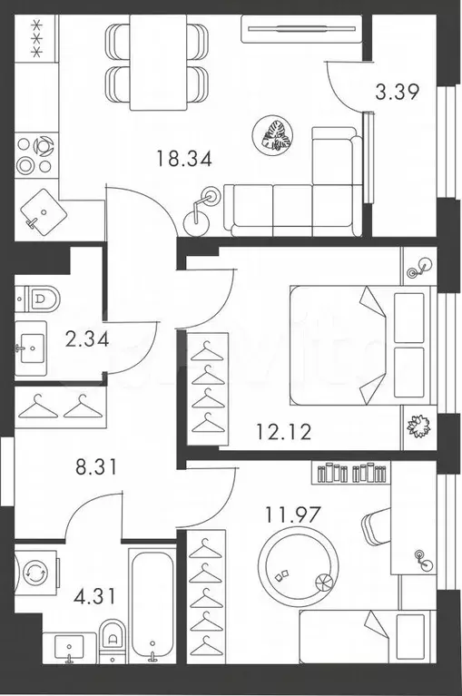 2-к. квартира, 60,8 м, 3/9 эт. - Фото 1