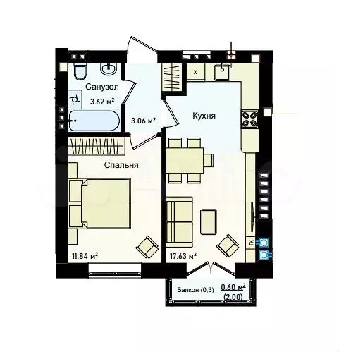 1-к. квартира, 38,5 м, 2/4 эт. - Фото 1
