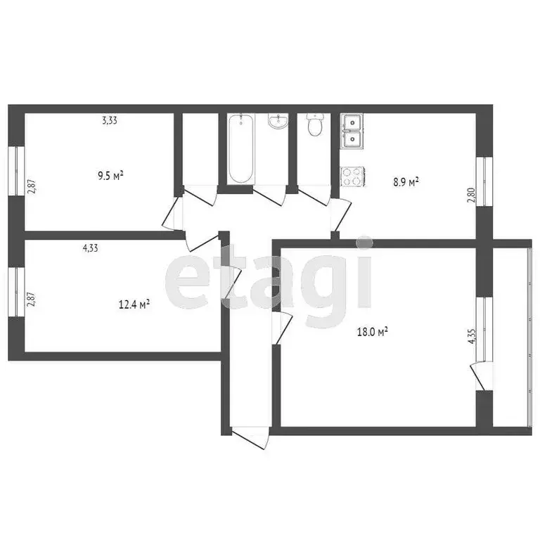 3-комнатная квартира: Тобольск, 7-й микрорайон, 12А (66 м) - Фото 1