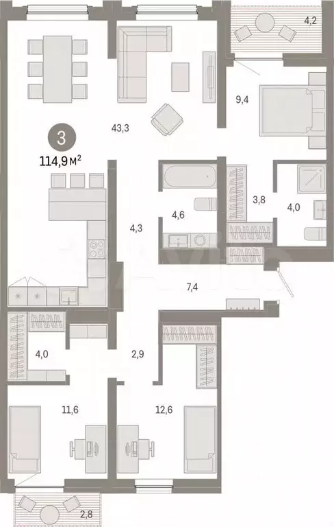 3-к. квартира, 114,9 м, 9/17 эт. - Фото 1