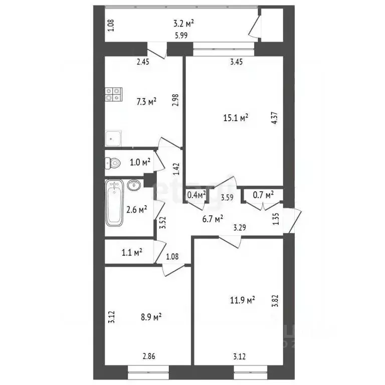 3-к кв. Калининградская область, Светлогорск ул. Карла Маркса, 7 (58.0 ... - Фото 2