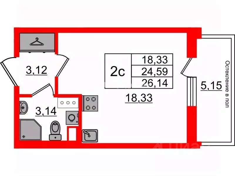 Студия Санкт-Петербург просп. Обуховской обороны, 51к3 (24.59 м) - Фото 1