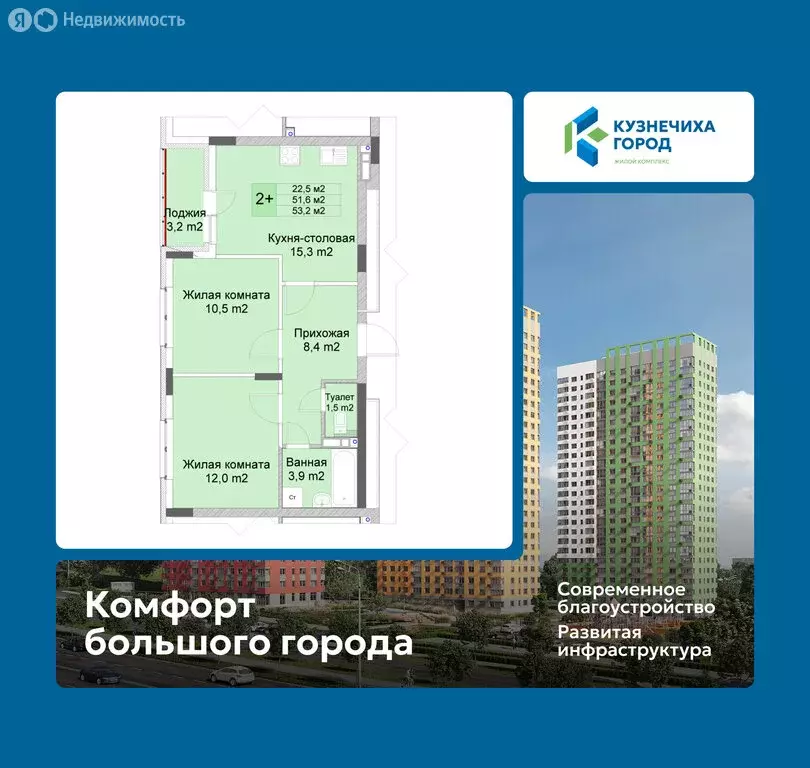 2-комнатная квартира: Нижний Новгород, ЖК Кузнечиха Город (53.2 м) - Фото 1