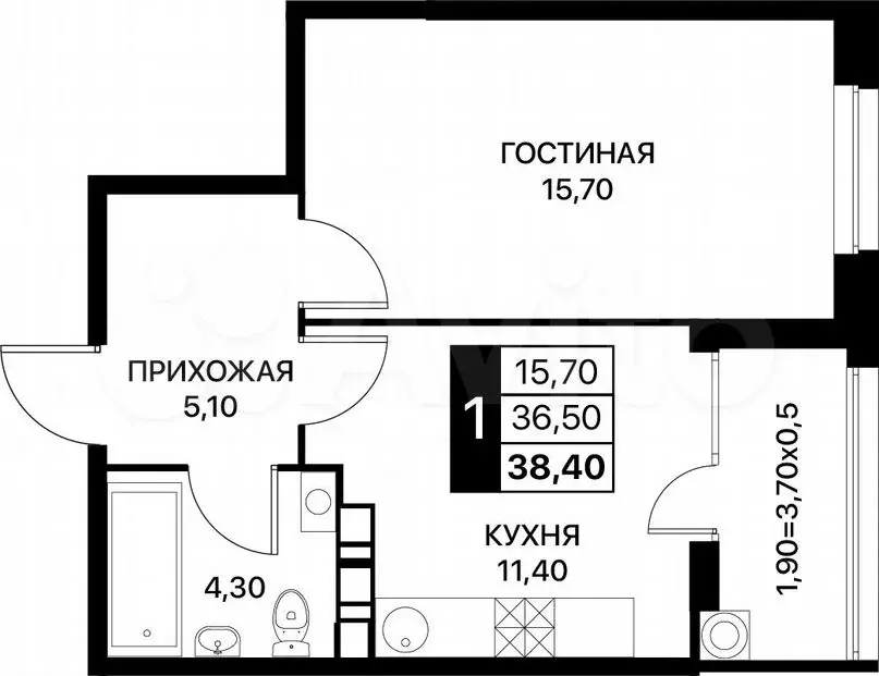 1-к. квартира, 38,4м, 7/18эт. - Фото 0