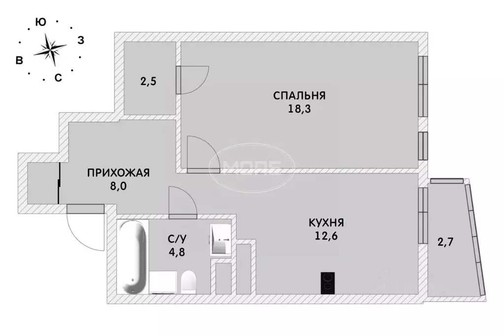 1-к кв. Калининградская область, Калининград ул. Гайдара, 90 (48.9 м) - Фото 2