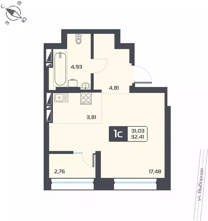 Квартира-студия: Новосибирск, жилой комплекс Астон.Геометрия (32.41 м) - Фото 1