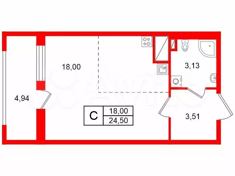 Квартира-студия, 24,5 м, 2/12 эт. - Фото 0