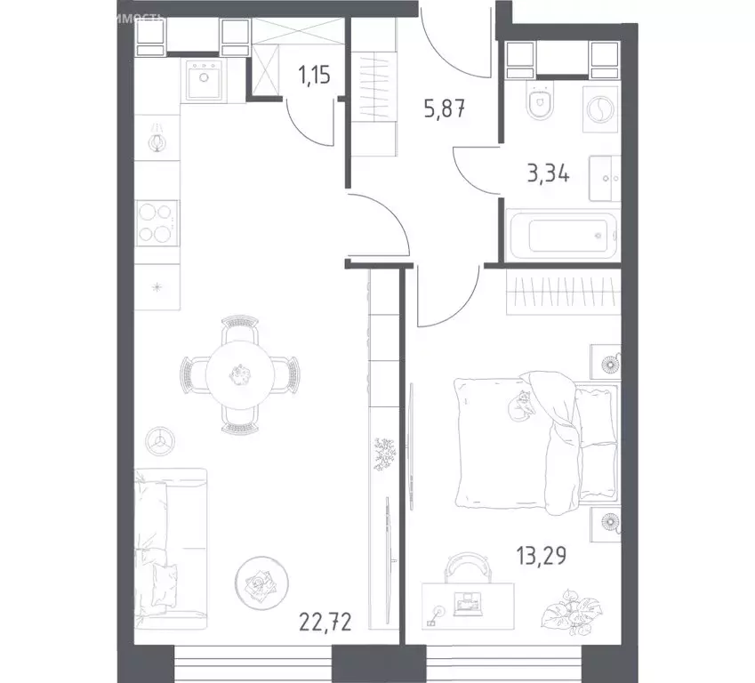 1-комнатная квартира: Москва, Пятницкое шоссе, 56Б (46.37 м) - Фото 1