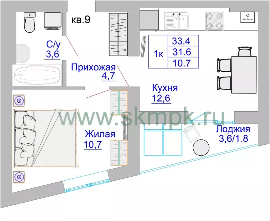 1-к кв. калининградская область, калининград печатная ул. (33.4 м) - Фото 0