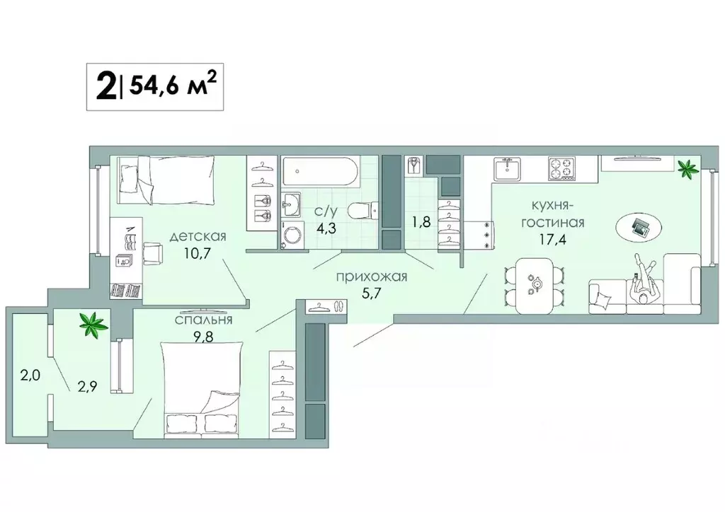 2-к кв. Тверская область, Тверь Южный мкр,  (54.6 м) - Фото 0