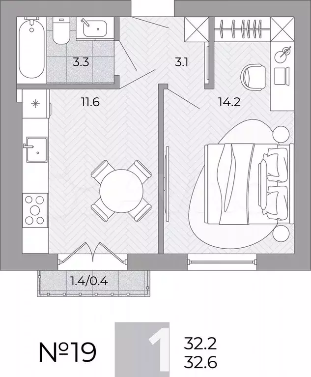 1-к. квартира, 32,6 м, 3/4 эт. - Фото 0
