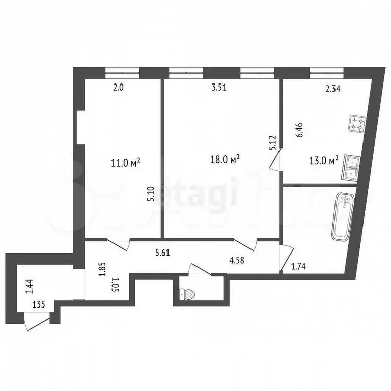 2-к. квартира, 52 м, 4/6 эт. - Фото 0