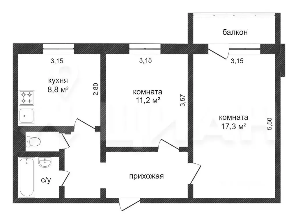 2-к кв. Белгородская область, Белгород ул. Щорса (50.2 м) - Фото 2