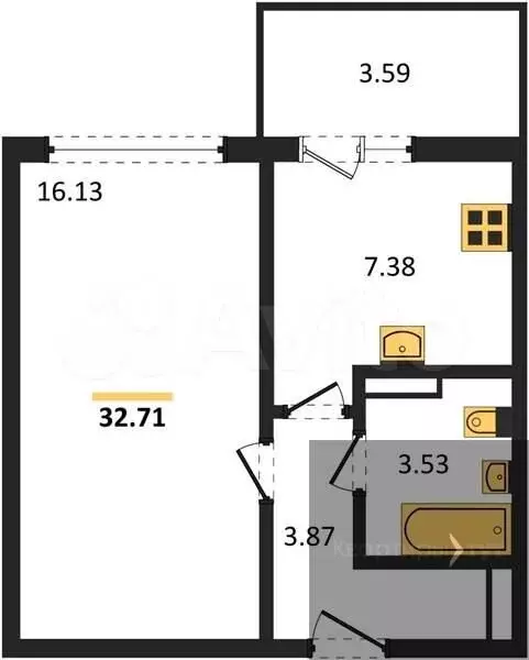 1-к. квартира, 32,7 м, 8/10 эт. - Фото 0