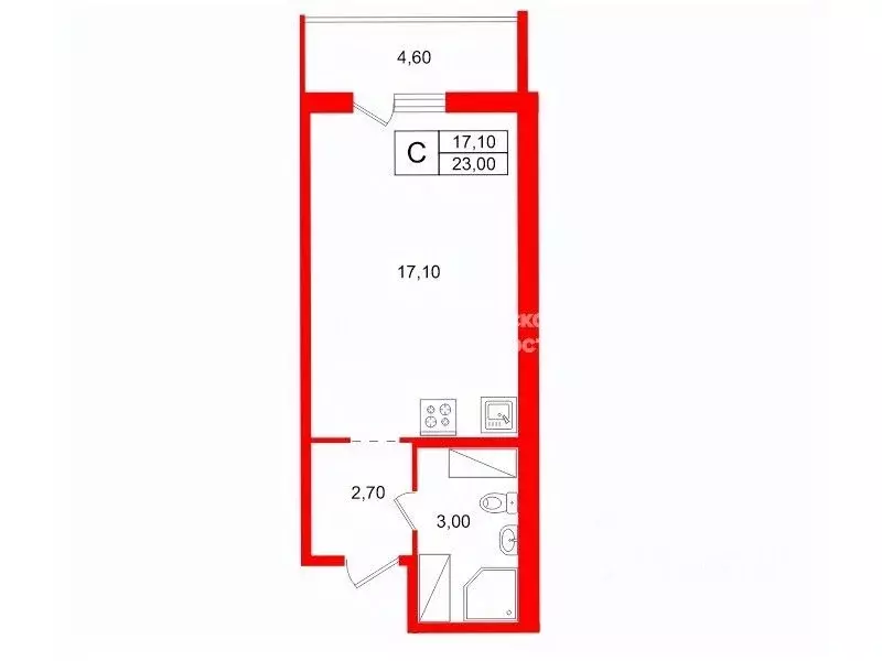 Студия Санкт-Петербург ул. Плесецкая, 10 (23.0 м) - Фото 2