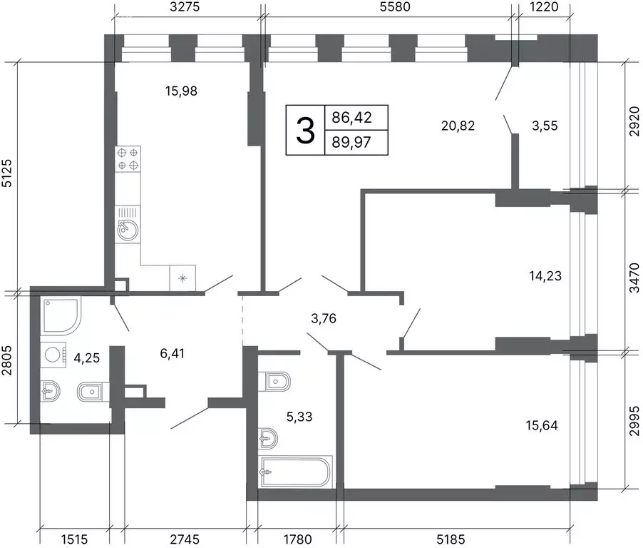 3-комнатная квартира: Екатеринбург, улица Мира, 47/7 (88.8 м) - Фото 1