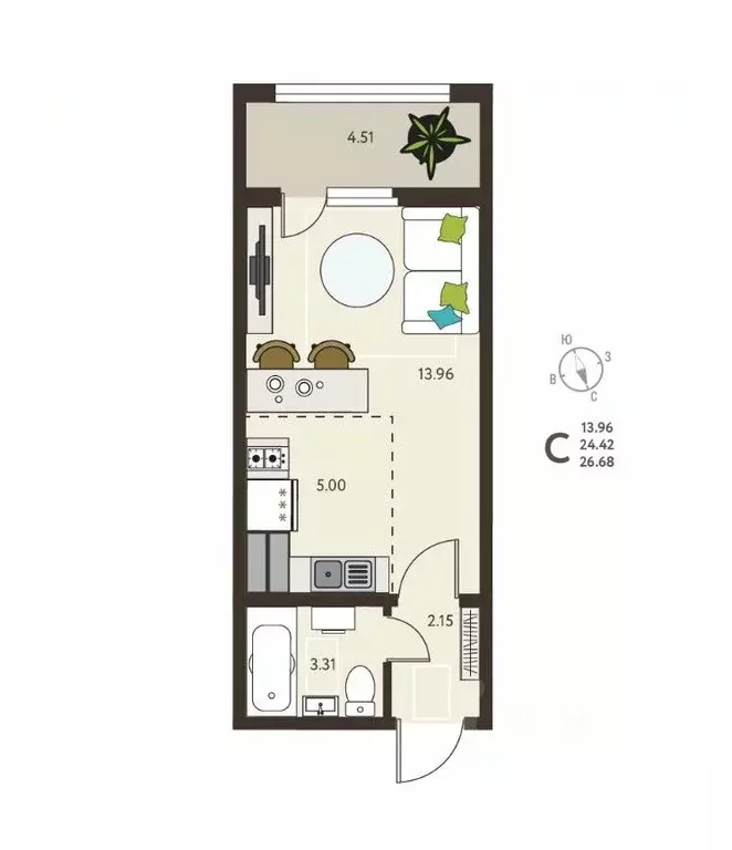 Студия Курская область, Курск ул. Энгельса, 115 (26.68 м) - Фото 0