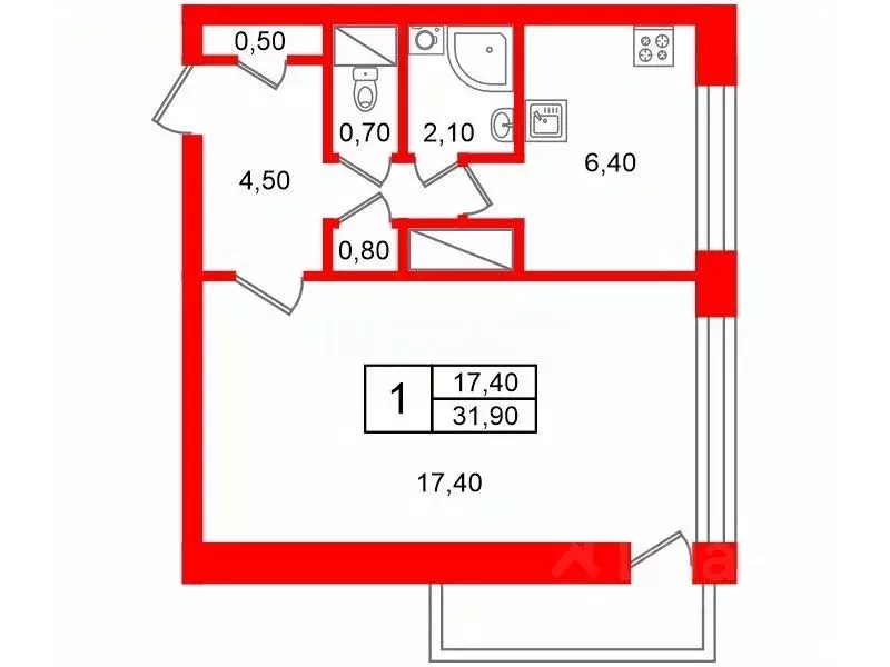1-к кв. Санкт-Петербург ул. Козлова, 13К1 (31.9 м) - Фото 1