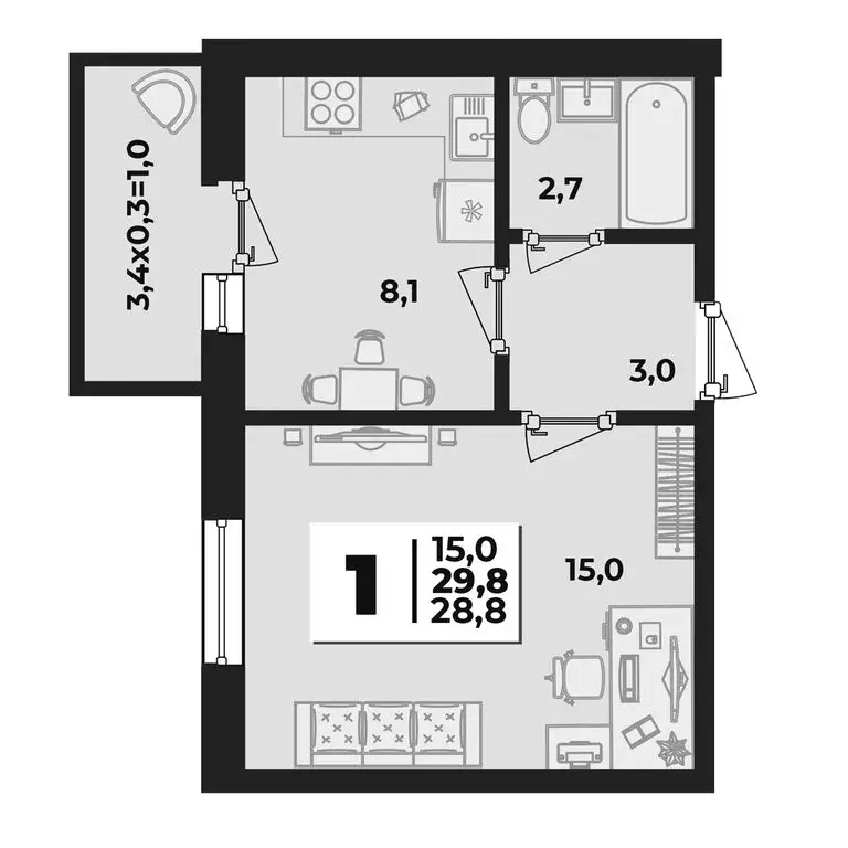 1-комнатная квартира: аул Новая Адыгея, ЖК Дарград (29.8 м) - Фото 1