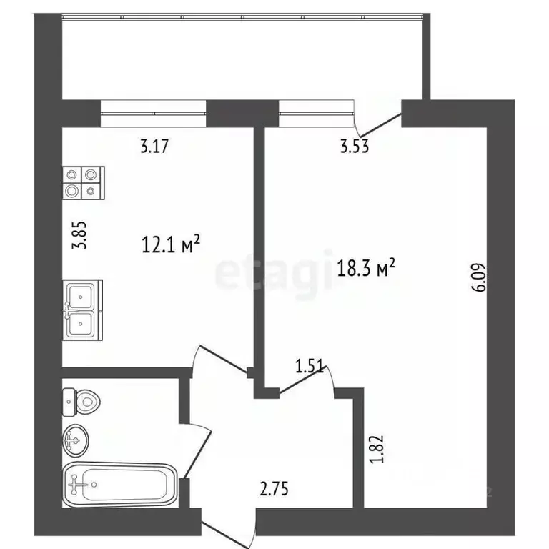 1-к кв. Вологодская область, Вологда Новый пер., 7 (42.9 м) - Фото 2