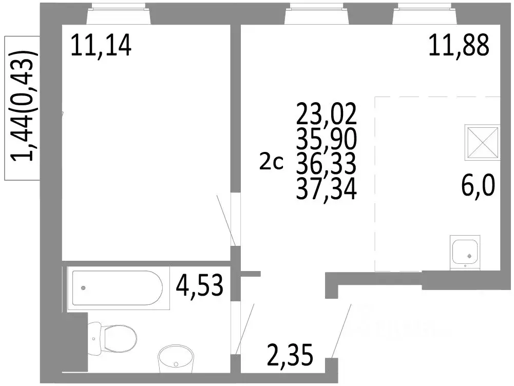 2-к кв. Челябинская область, Челябинск ул. Блюхера, 125В (36.33 м) - Фото 0