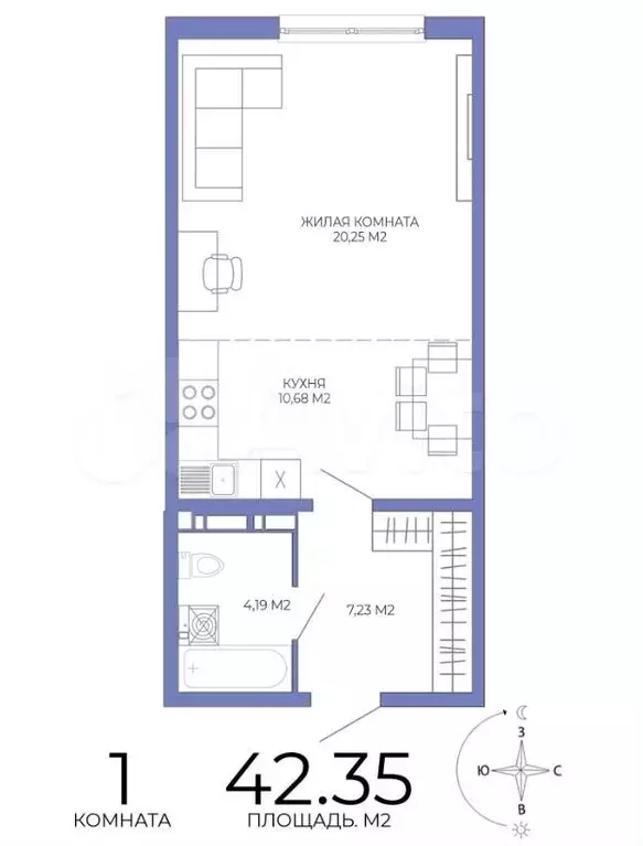 Квартира-студия, 42,4 м, 3/18 эт. - Фото 1