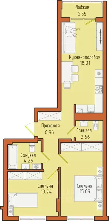 2-к кв. Калининградская область, Светлогорск пос. Отрадное,  (60.22 м) - Фото 0