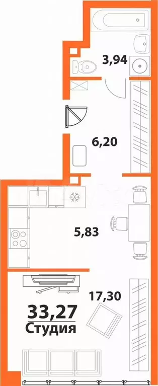 1-к. квартира, 33,3 м, 4/24 эт. - Фото 0