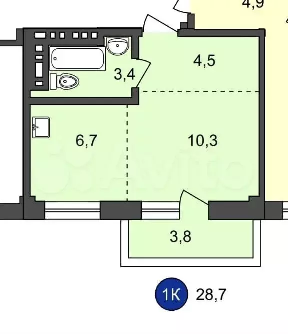 1-к. квартира, 28,7 м, 6/11 эт. - Фото 0