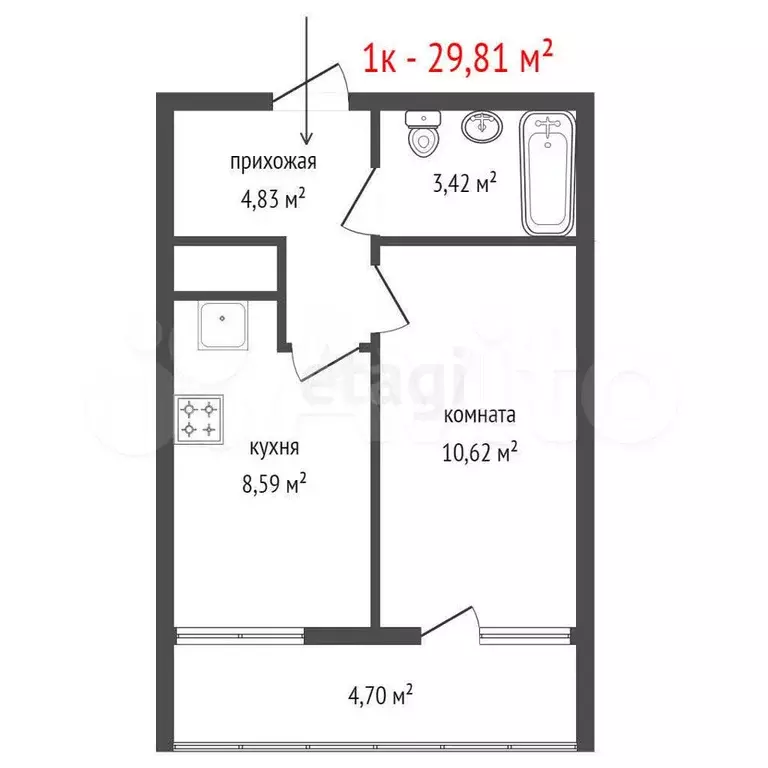 1-к. квартира, 29,8 м, 13/25 эт. - Фото 1