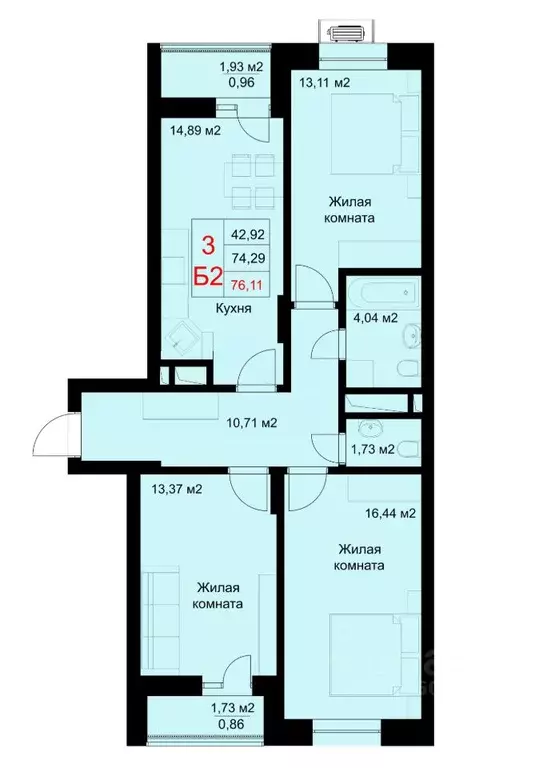 3-к кв. Татарстан, Казань ул. Рауиса Гареева, 78Б (76.11 м) - Фото 0