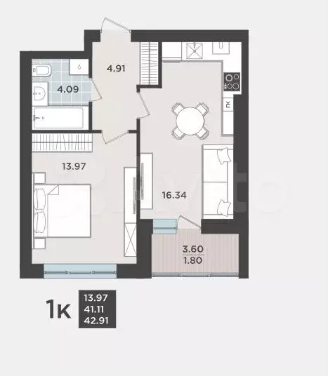 1-к. квартира, 41,1 м, 6/9 эт. - Фото 1