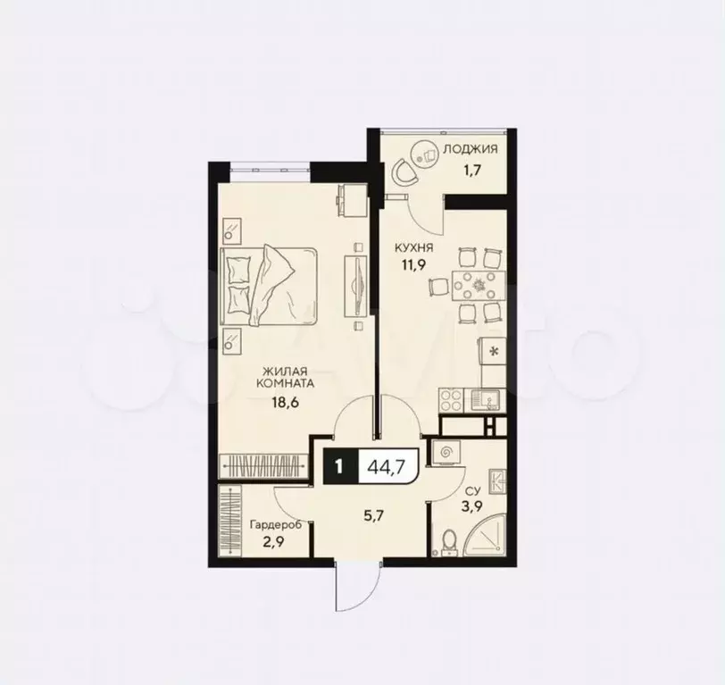 1-к. квартира, 45 м, 4/16 эт. - Фото 1