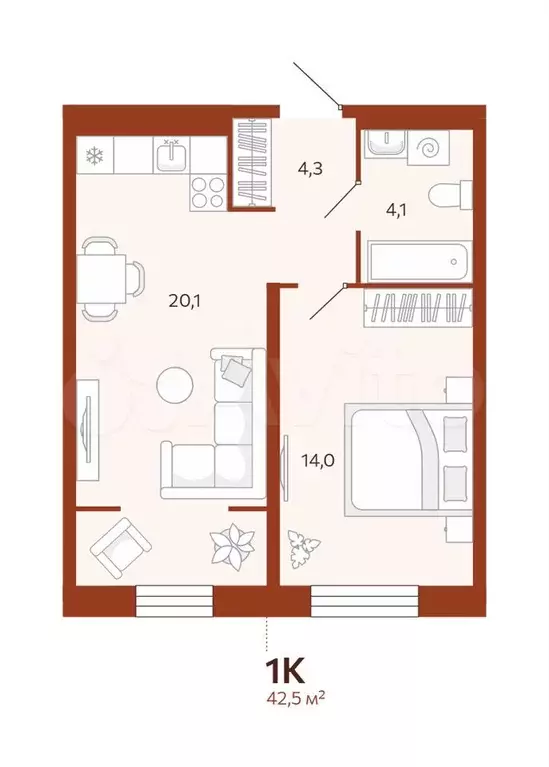 1-к. квартира, 42,5 м, 4/14 эт. - Фото 0