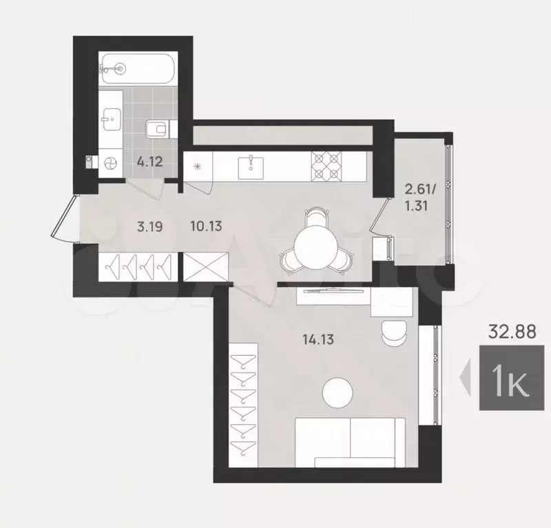 1-к. квартира, 32,8 м, 7/9 эт. - Фото 1