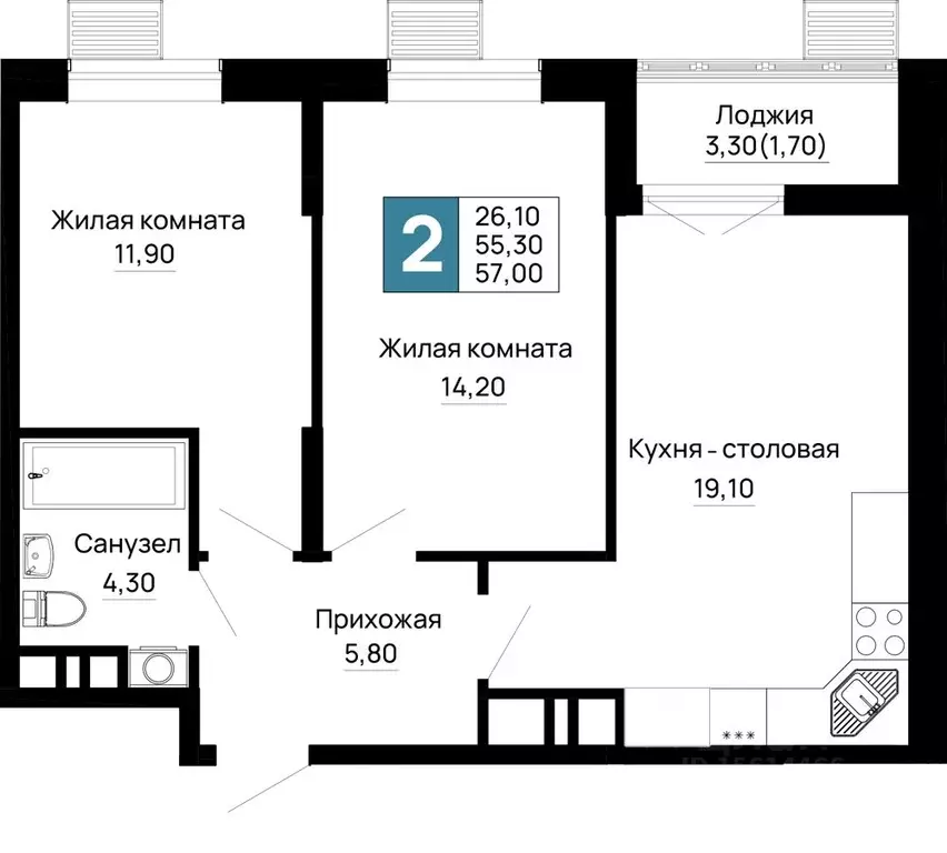 2-к кв. Адыгея, Тахтамукайский район, Яблоновский пгт  (57.0 м) - Фото 1