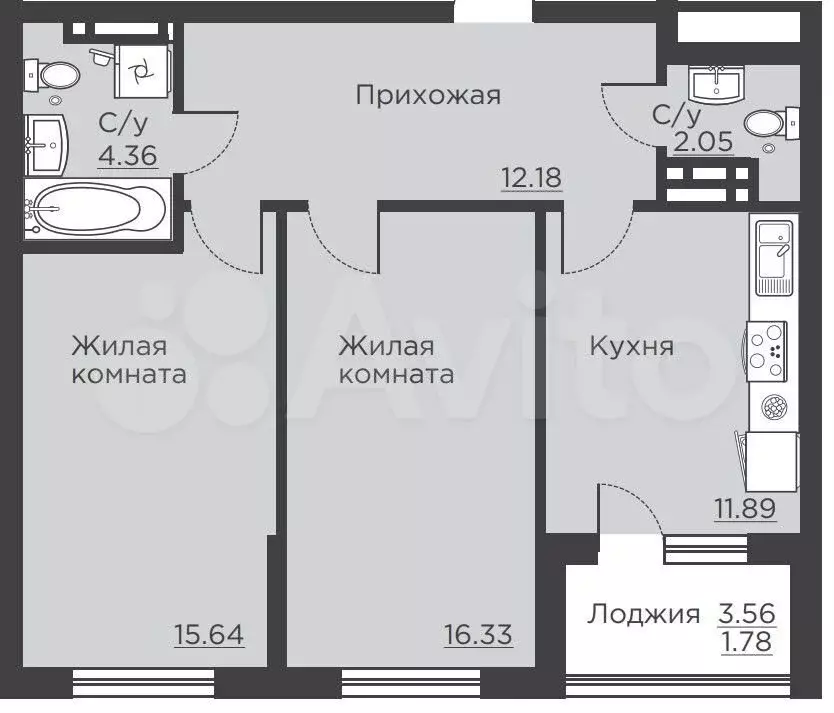 2-к. квартира, 64,2 м, 15/18 эт. - Фото 1