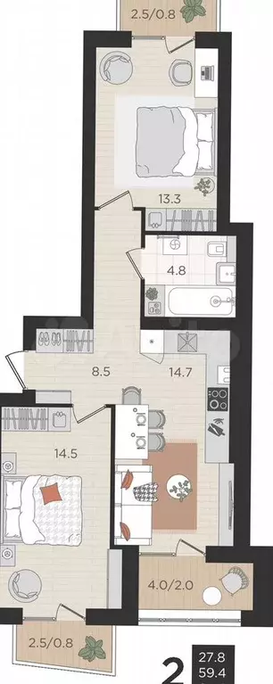 2-к. квартира, 59,4 м, 2/4 эт. - Фото 0