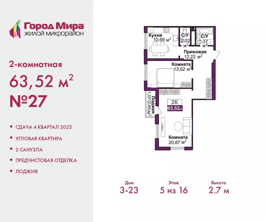 2-к кв. Крым, Симферополь Город Мира жилой комплекс (63.52 м) - Фото 0