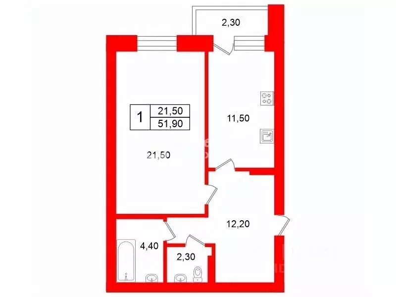 1-к кв. Санкт-Петербург ул. Турку, 25 (51.9 м) - Фото 2