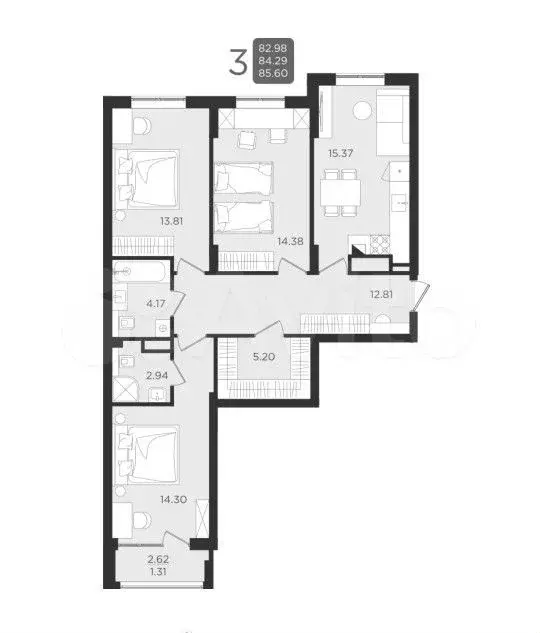 3-к. квартира, 85,6 м, 1/9 эт. - Фото 1