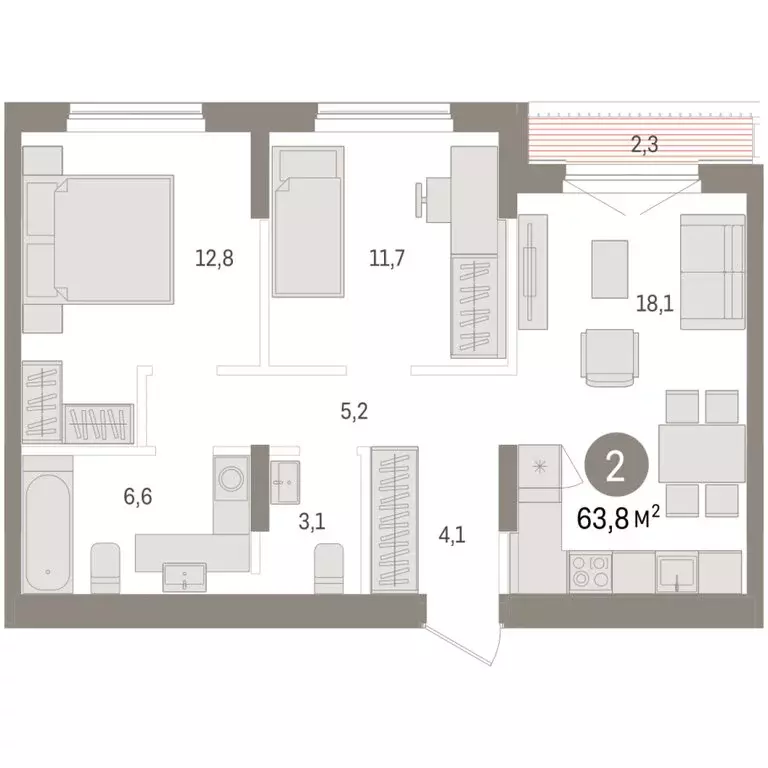 2-комнатная квартира: Новосибирск, улица Аэропорт, 90 (63.77 м) - Фото 2