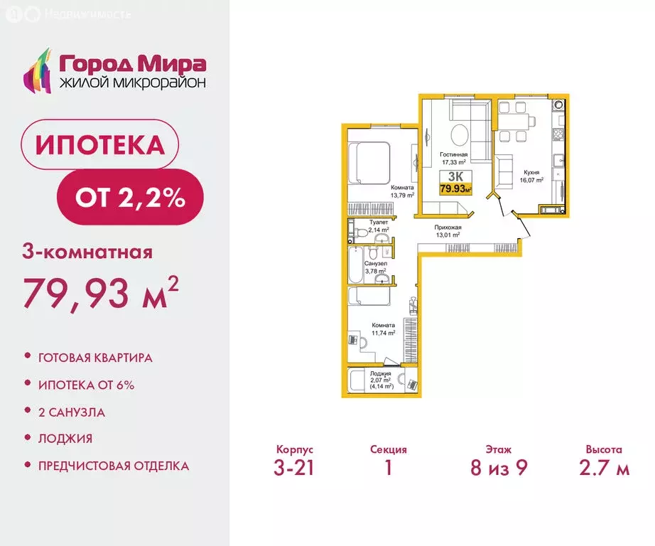 3-комнатная квартира: Симферополь, улица Батурина, 177к3 (79.93 м) - Фото 1