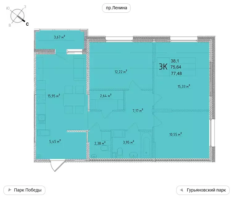 3-к квартира, 77.48 м - Фото 0
